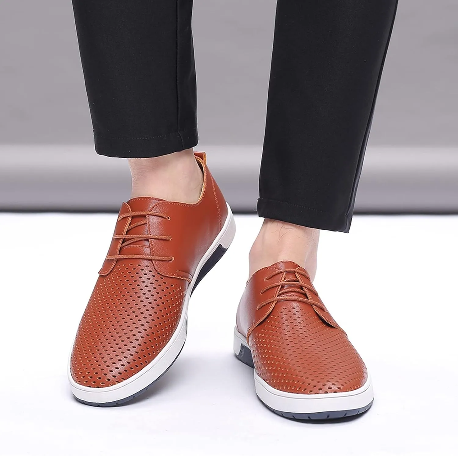 Wide Casual Business Shoes for Men Summer Style Men's Breathable Comfortable Business Lace Up Leisure Hollow Solid Leather Shoes Men Size 14 Black Slip Ons Dress Shoes