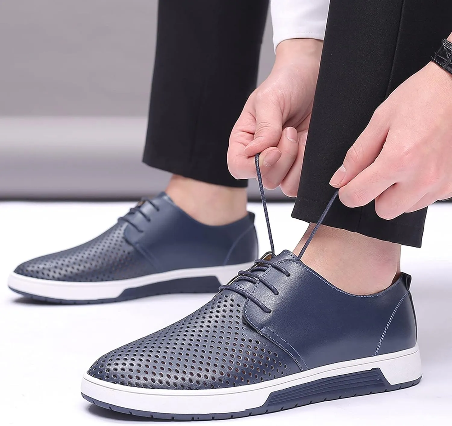Wide Casual Business Shoes for Men Summer Style Men's Breathable Comfortable Business Lace Up Leisure Hollow Solid Leather Shoes Men Size 14 Black Slip Ons Dress Shoes