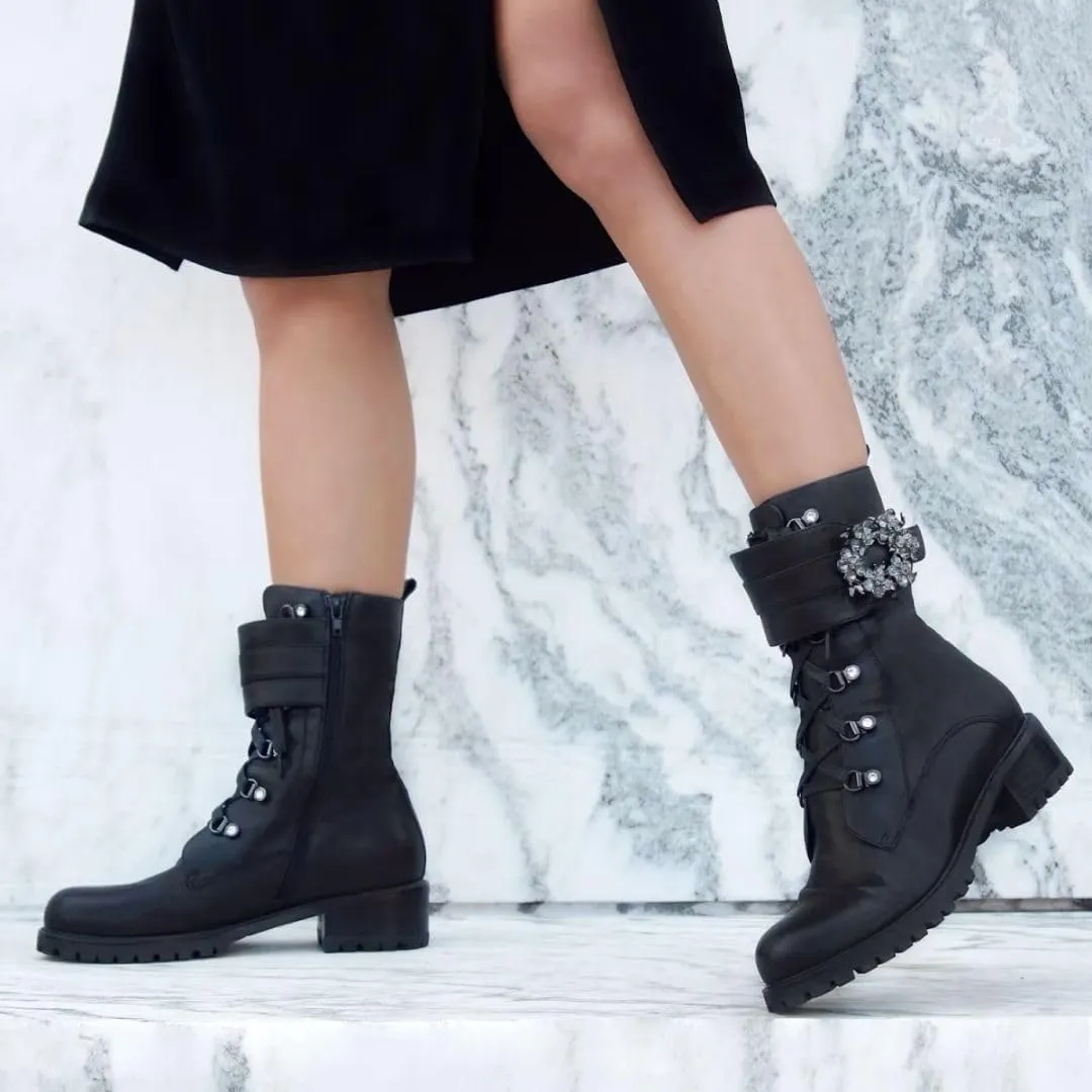 Win Jeweled Leather Combat Boots for Women and Girls  Black Women's Combat Boots in Genuine Leather with Rugged Lug Sole, 40mm Heel  Perfect for Dressy Outfits