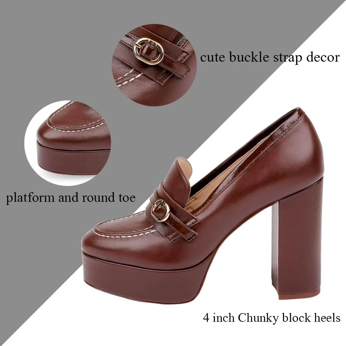 Women Chunky High Heel Platform Loafers Closed Round Toe Heels Loafers Buckle Matte 4 inch Block Heel Penny Loafers Pumps Platform Slip On Dress Heels Office Retro Chic Size 4-11 M US
