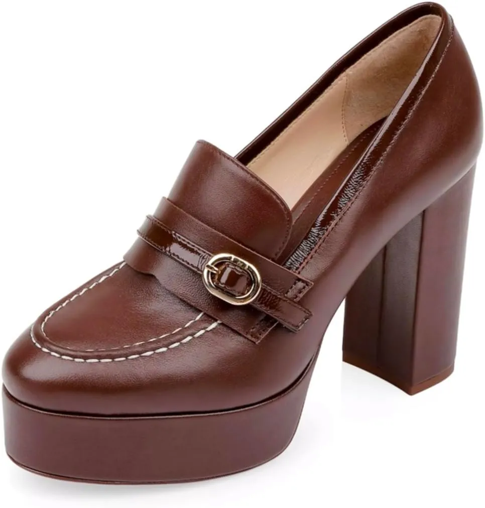 Women Chunky High Heel Platform Loafers Closed Round Toe Heels Loafers Buckle Matte 4 inch Block Heel Penny Loafers Pumps Platform Slip On Dress Heels Office Retro Chic Size 4-11 M US