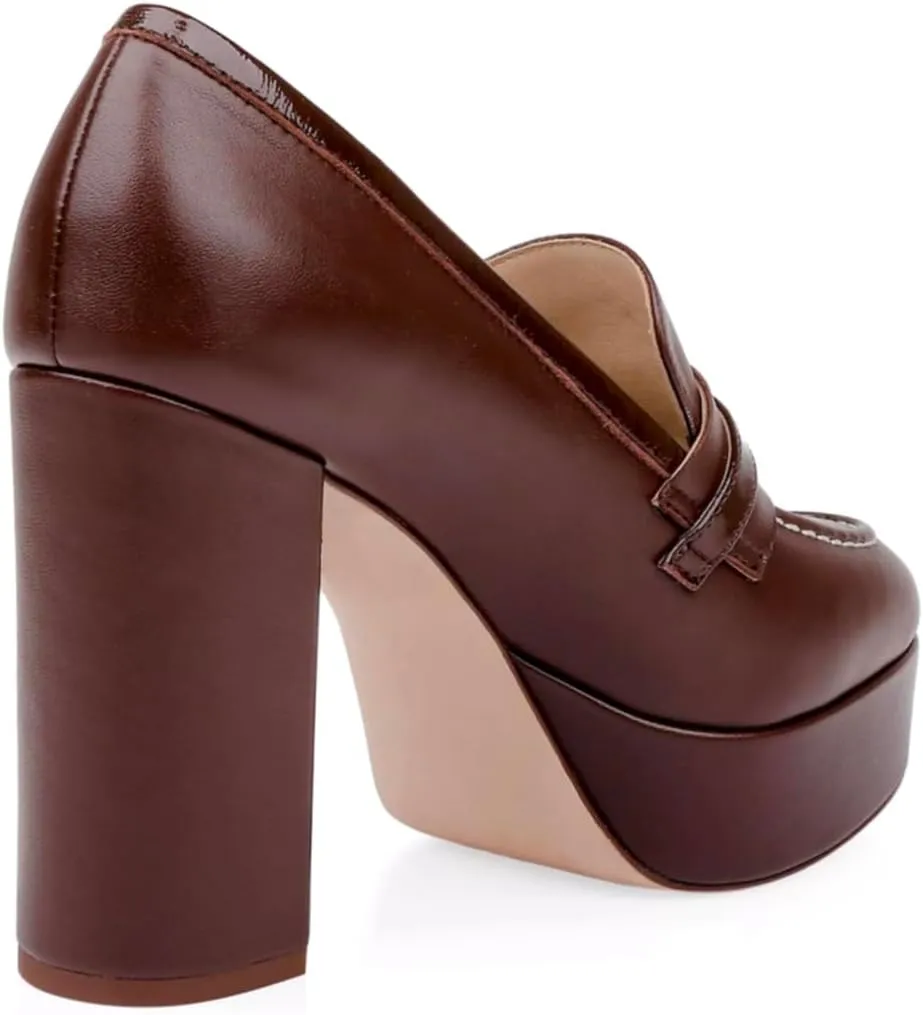 Women Chunky High Heel Platform Loafers Closed Round Toe Heels Loafers Buckle Matte 4 inch Block Heel Penny Loafers Pumps Platform Slip On Dress Heels Office Retro Chic Size 4-11 M US