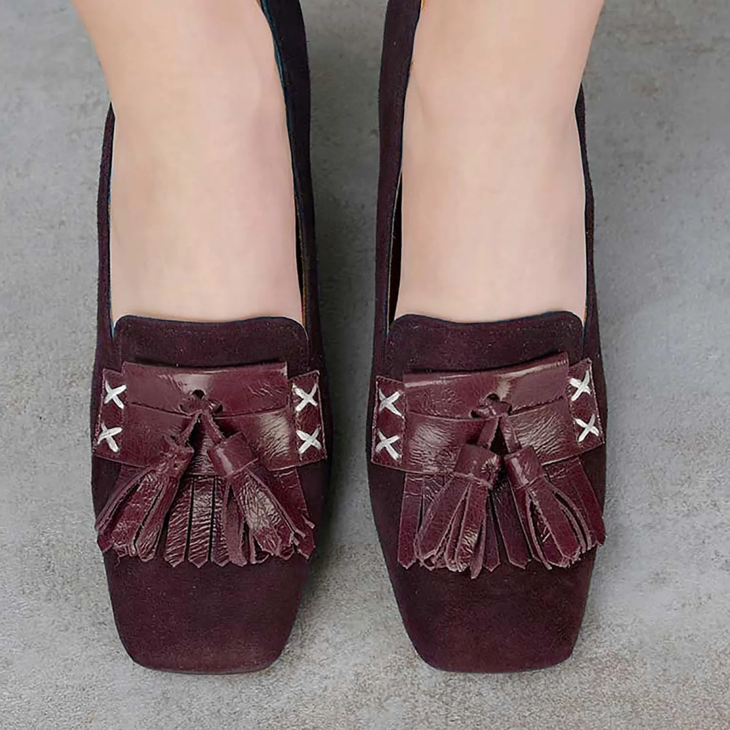 Women Fringe Loafer Block Heels Square Toe Chunky Heel Loafers Pumps Tassel Suede Slip On Dress Loafer Shoes Chunky High Heels Fringed Vintage Comfort Office Ladies Loafers 4-11 M US