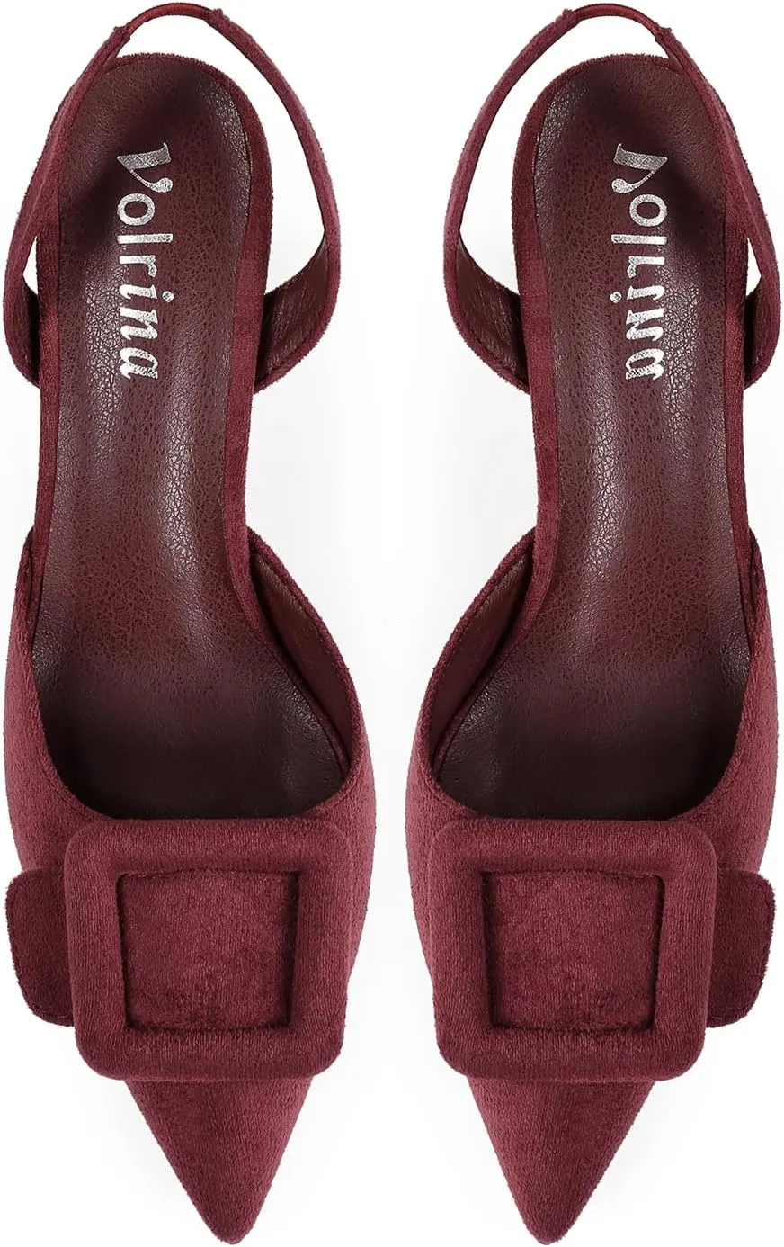 Women Slingback Heels Closed Pointed Toe Kitten Heels Buckle Suede Pumps Comfortable Dress Shoes