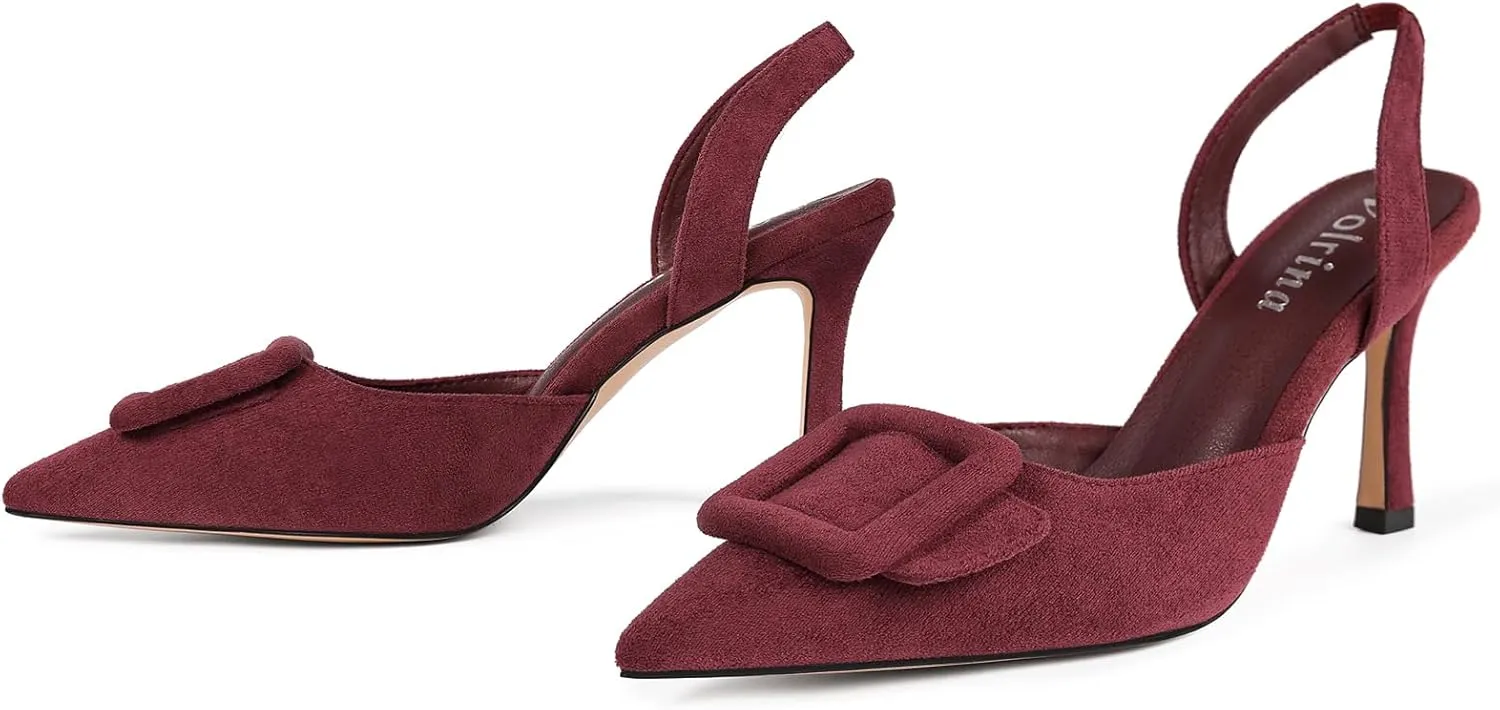 Women Slingback Heels Closed Pointed Toe Kitten Heels Buckle Suede Pumps Comfortable Dress Shoes