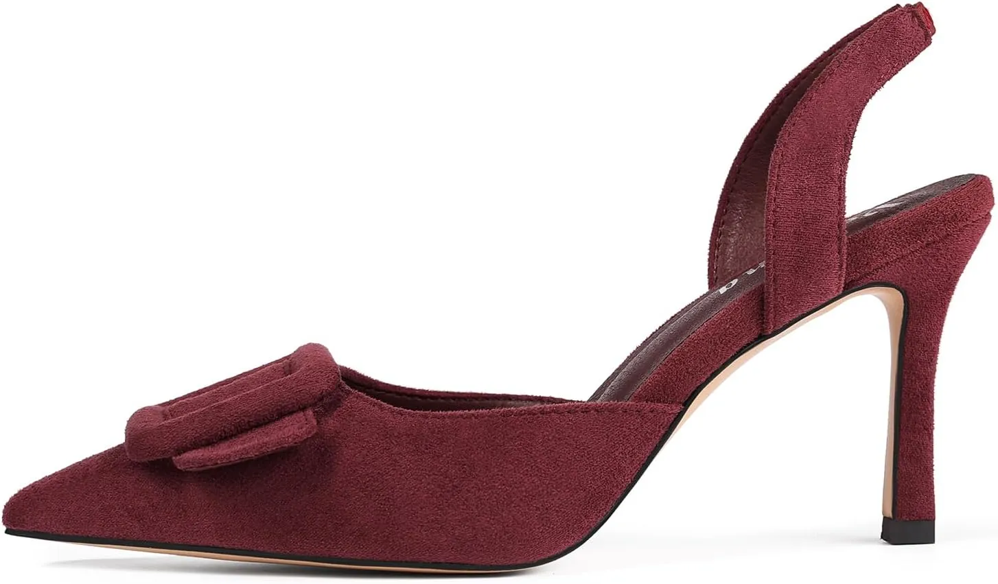 Women Slingback Heels Closed Pointed Toe Kitten Heels Buckle Suede Pumps Comfortable Dress Shoes
