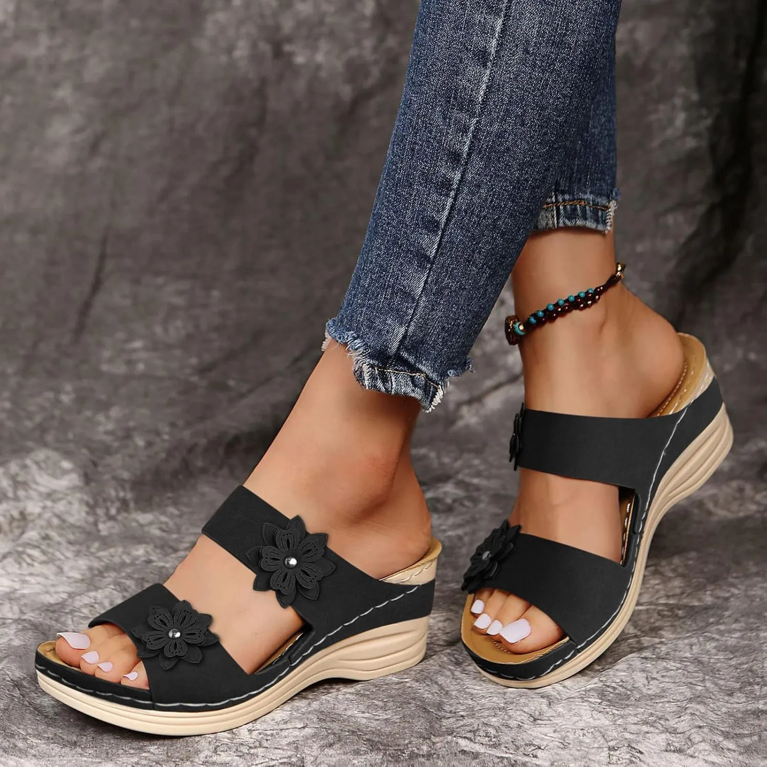 Women Slipper Dressy Summer Wedge Sandal Summer Strappy Open Toe Orthopedic Comfortable Lightweight Wedges Solid Color Slip On Walking Shoes