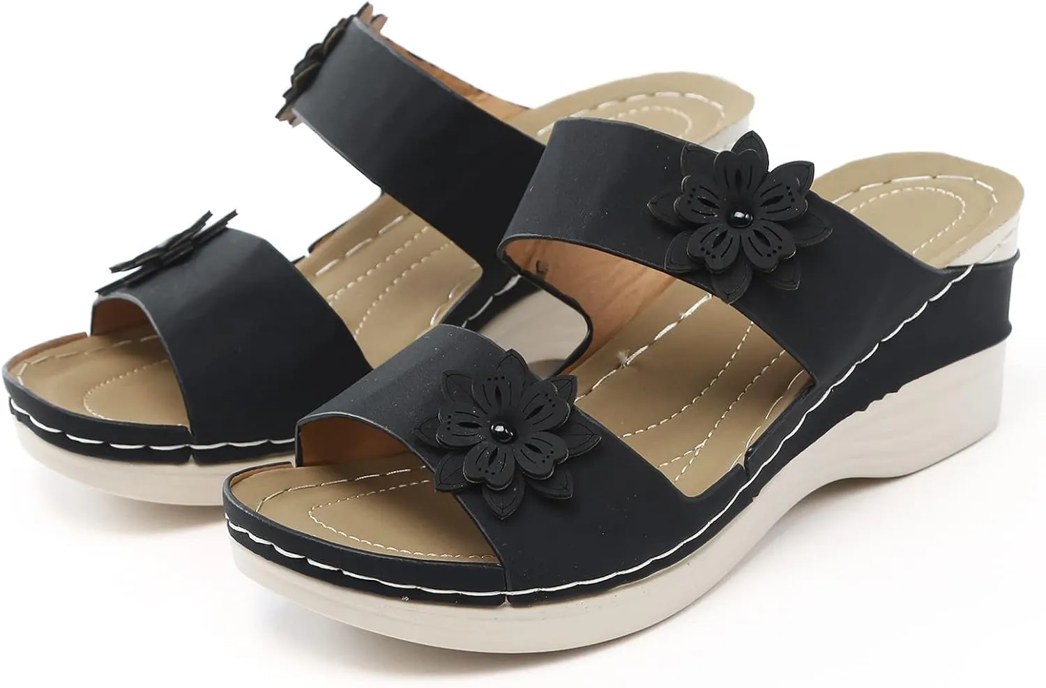 Women Slipper Dressy Summer Wedge Sandal Summer Strappy Open Toe Orthopedic Comfortable Lightweight Wedges Solid Color Slip On Walking Shoes