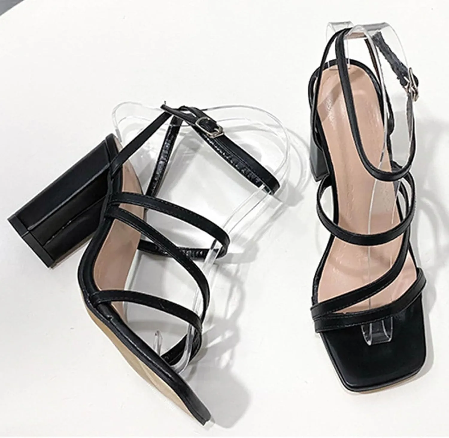 Women Strappy Chunky Heeled Sandals Square Open Toe Chunky Block Heels Sexy Ankle Strap Sandals 2025 Summer Comfortable Casual Wedding Bride Party Prom Dress Shoes