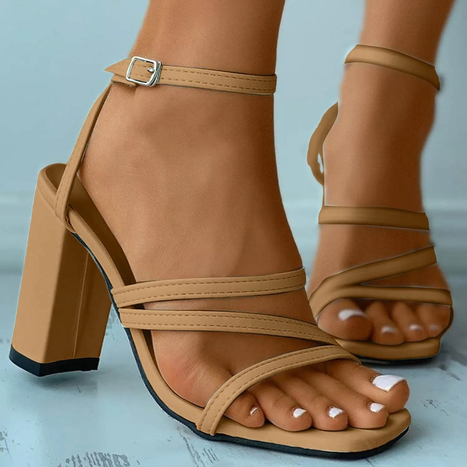 Women Strappy Chunky Heeled Sandals Square Open Toe Chunky Block Heels Sexy Ankle Strap Sandals 2025 Summer Comfortable Casual Wedding Bride Party Prom Dress Shoes
