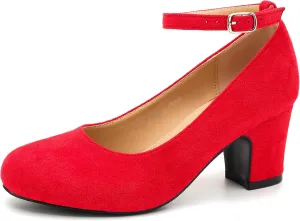 Women's Ankle Strap Closed Round Toe Pumps Low Chunky Block Heels Comfort Wedding Party Dress Evening Shoes