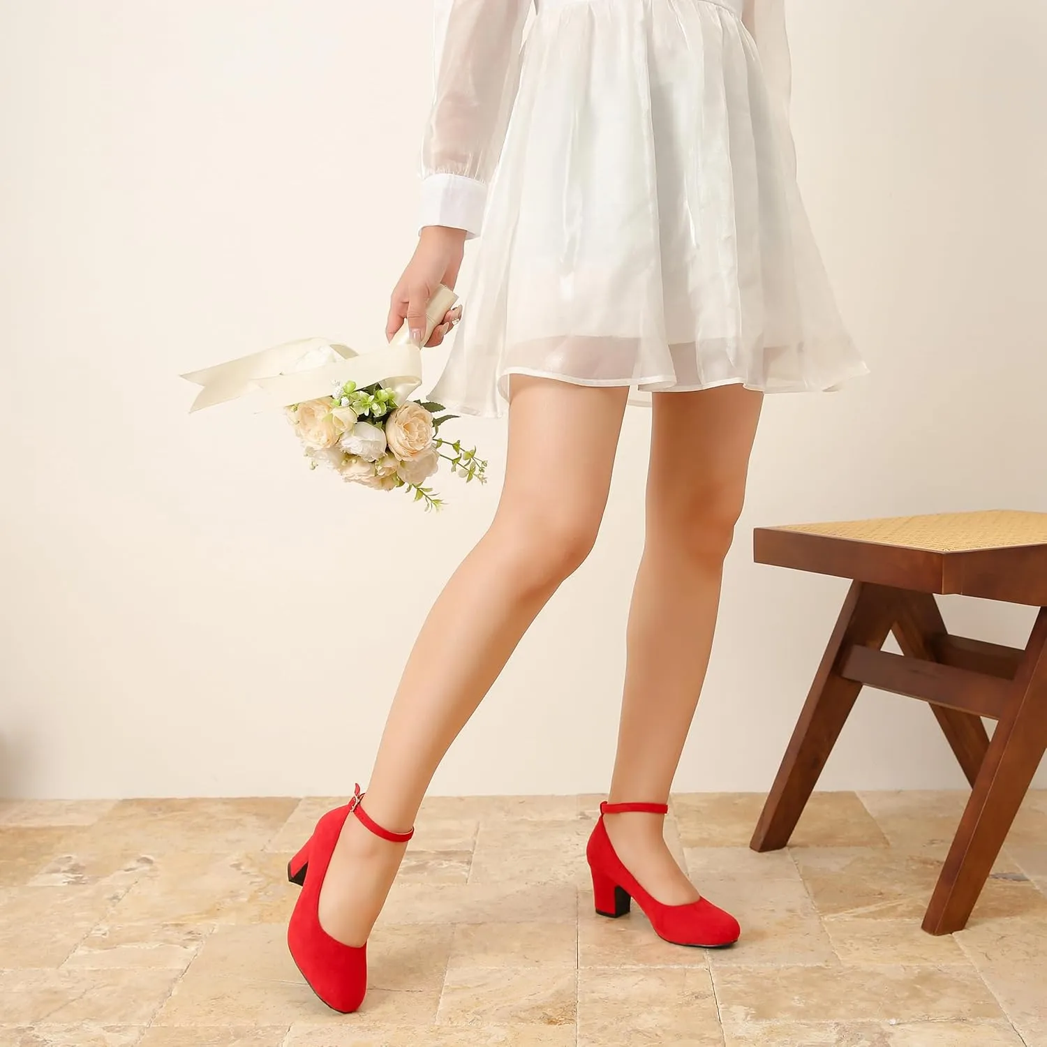 Women's Ankle Strap Closed Round Toe Pumps Low Chunky Block Heels Comfort Wedding Party Dress Evening Shoes
