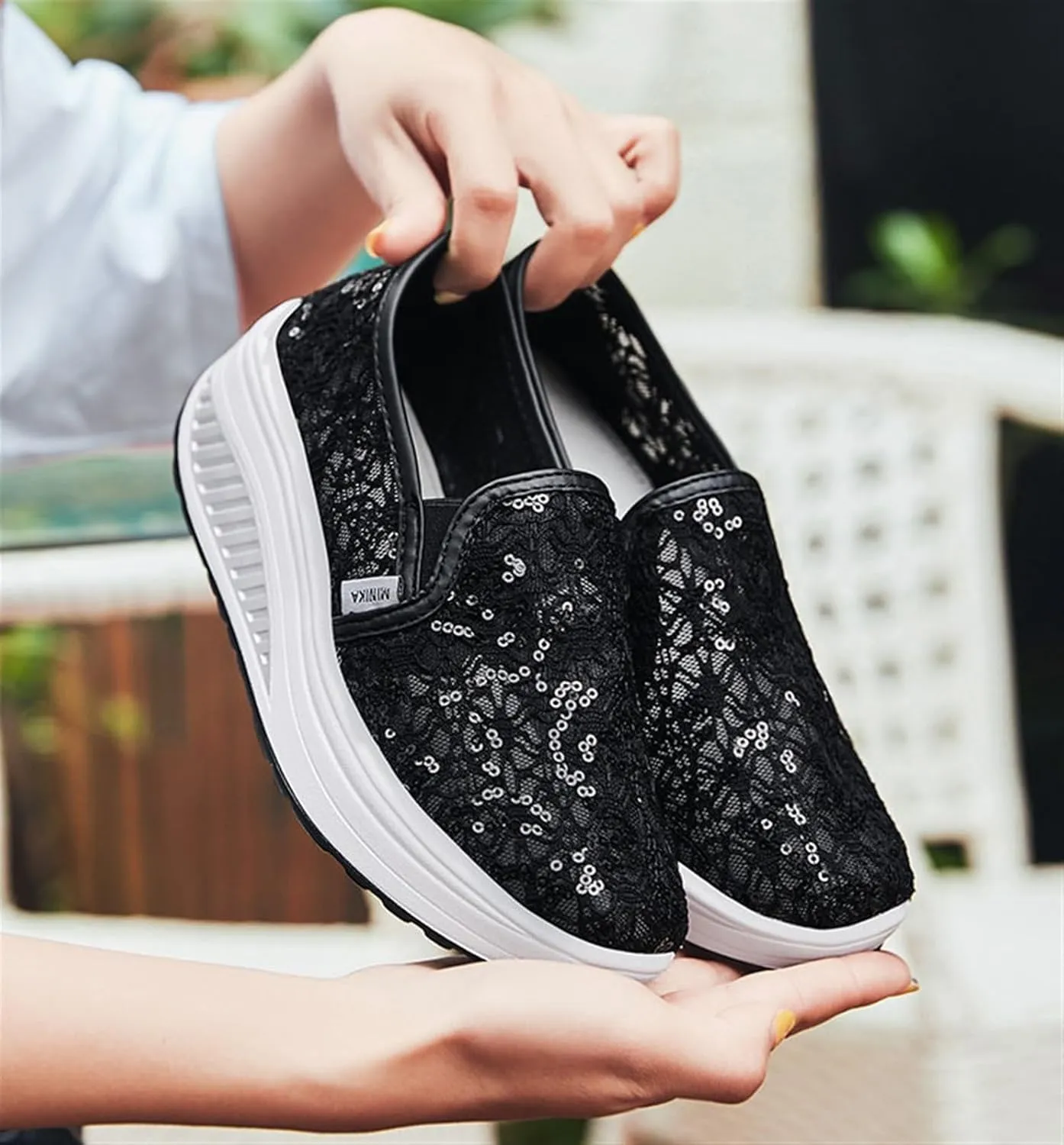 Women's Breathable Mesh Lace Air Sneakers Fashion Lightweight Slip On Anti Skid Low Top Walking Flat Shoes Comfortable Canvas Tennis Trainers Workout Gym Driving Loafers