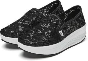 Women's Breathable Mesh Lace Air Sneakers Fashion Lightweight Slip On Anti Skid Low Top Walking Flat Shoes Comfortable Canvas Tennis Trainers Workout Gym Driving Loafers