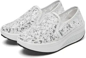 Women's Breathable Mesh Lace Air Sneakers Fashion Lightweight Slip On Anti Skid Low Top Walking Flat Shoes Comfortable Canvas Tennis Trainers Workout Gym Driving Loafers