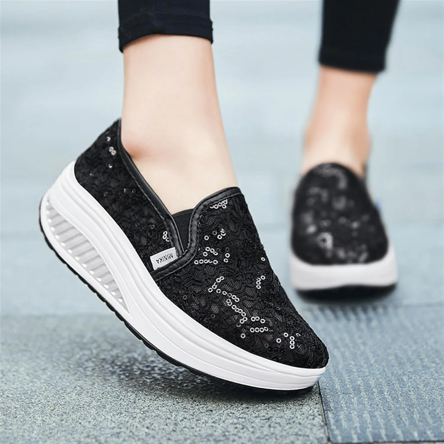 Women's Breathable Mesh Lace Air Sneakers Fashion Lightweight Slip On Anti Skid Low Top Walking Flat Shoes Comfortable Canvas Tennis Trainers Workout Gym Driving Loafers