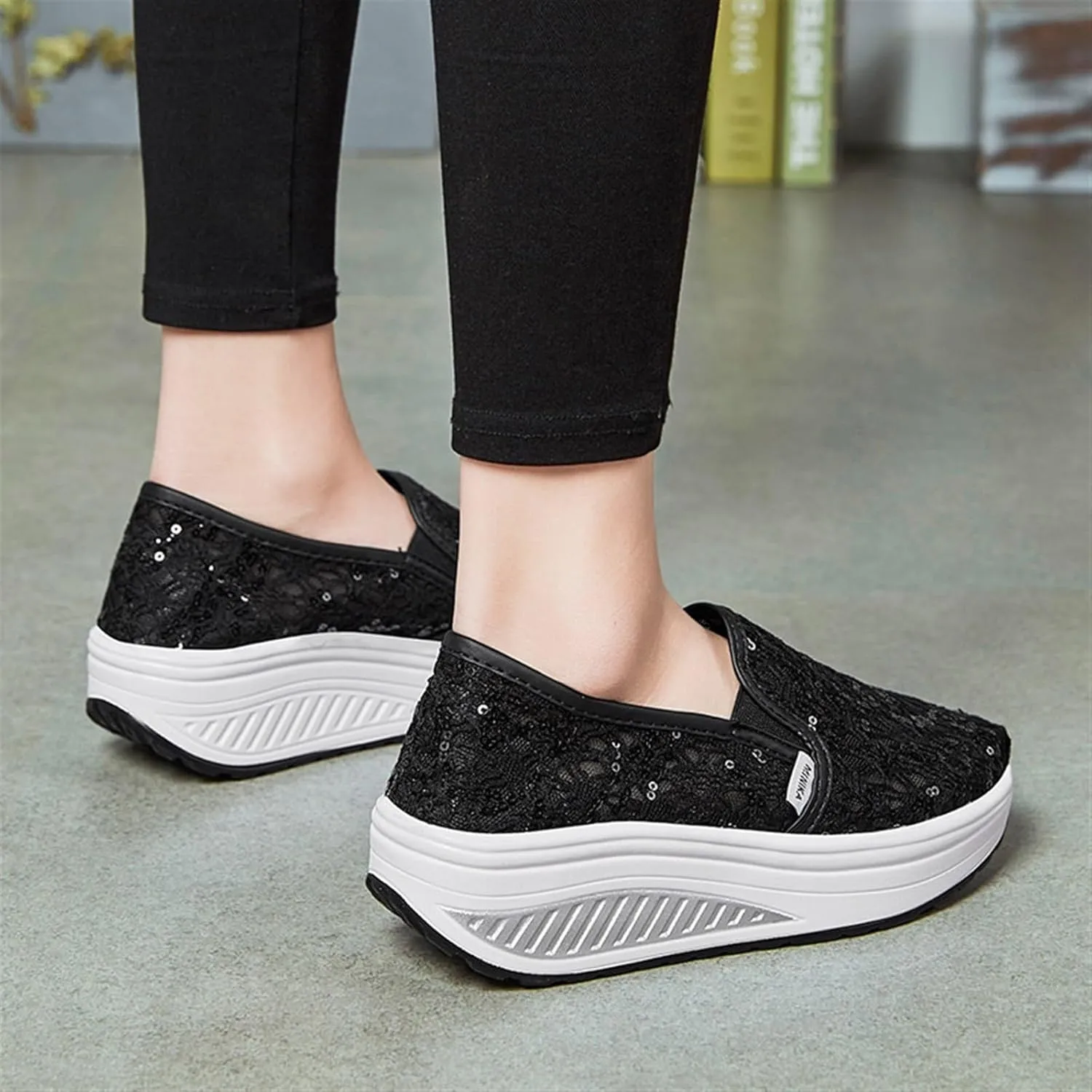 Women's Breathable Mesh Lace Air Sneakers Fashion Lightweight Slip On Anti Skid Low Top Walking Flat Shoes Comfortable Canvas Tennis Trainers Workout Gym Driving Loafers
