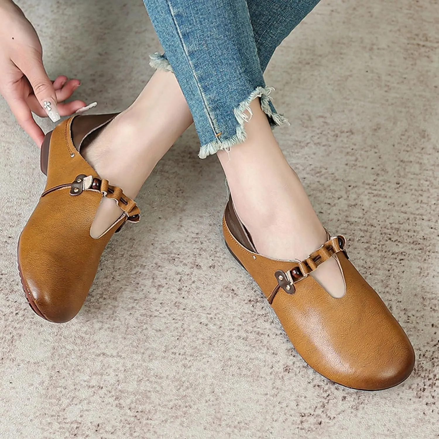Women's Brown Leather Slip On Mules,Vintage Comfort Closed Toe Slides Non-Slip Soft Sole Oxford Casual Flat Loafers