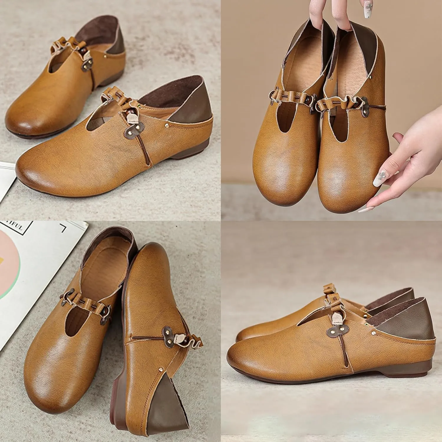 Women's Brown Leather Slip On Mules,Vintage Comfort Closed Toe Slides Non-Slip Soft Sole Oxford Casual Flat Loafers
