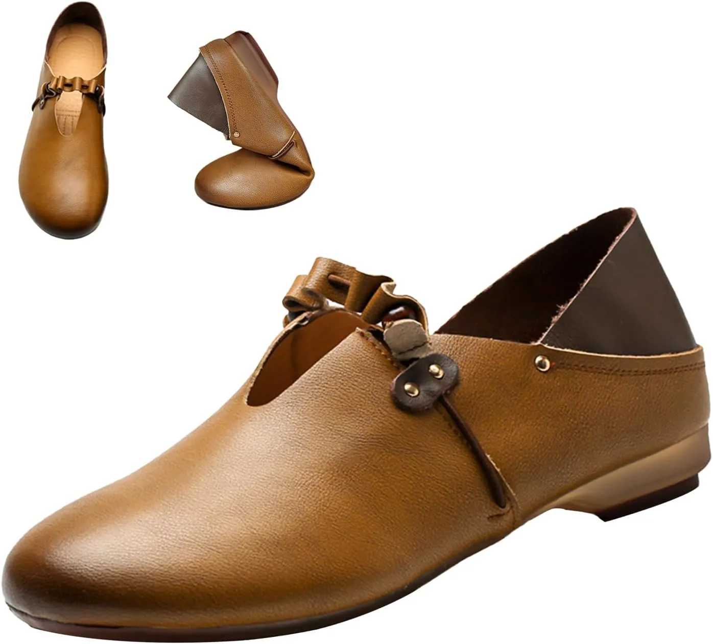 Women's Brown Leather Slip On Mules,Vintage Comfort Closed Toe Slides Non-Slip Soft Sole Oxford Casual Flat Loafers