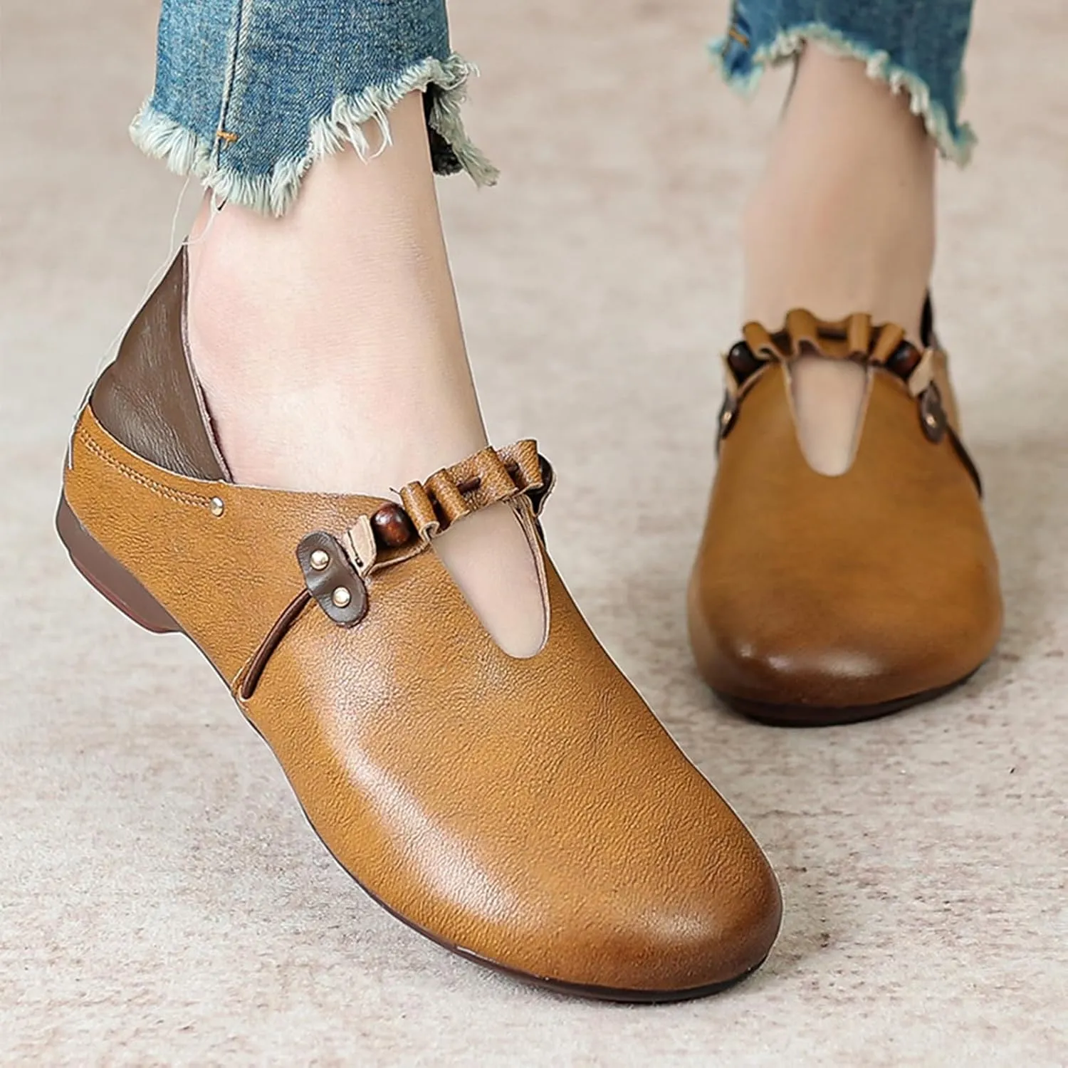 Women's Brown Leather Slip On Mules,Vintage Comfort Closed Toe Slides Non-Slip Soft Sole Oxford Casual Flat Loafers