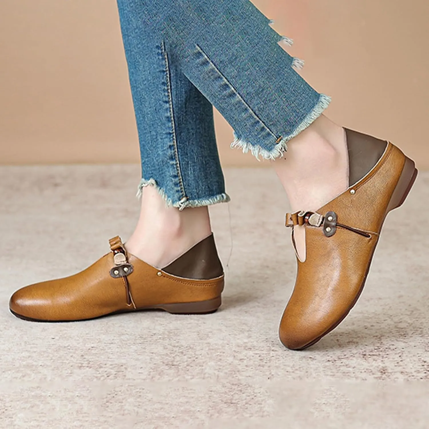 Women's Brown Leather Slip On Mules,Vintage Comfort Closed Toe Slides Non-Slip Soft Sole Oxford Casual Flat Loafers