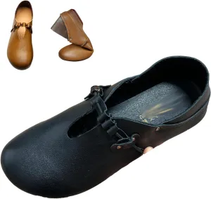 Women's Brown Leather Slip On Mules,Vintage Comfort Closed Toe Slides Non-Slip Soft Sole Oxford Casual Flat Loafers