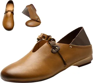 Women's Brown Leather Slip On Mules,Vintage Comfort Closed Toe Slides Non-Slip Soft Sole Oxford Casual Flat Loafers