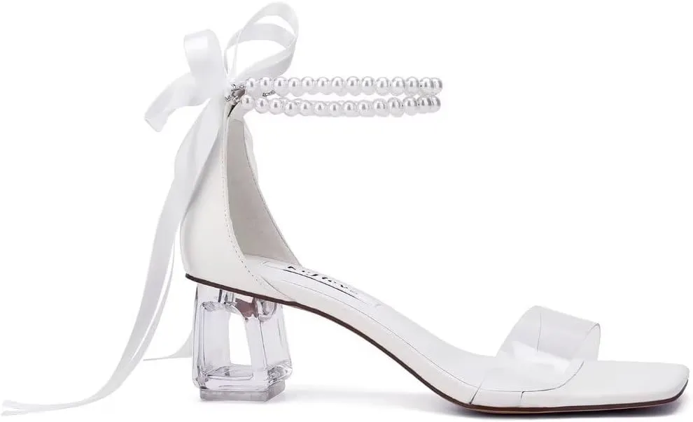 Women's Clear Block Heel Sandals with Pearl Ankle Strap Transparent Lucite Heel for Wedding Party