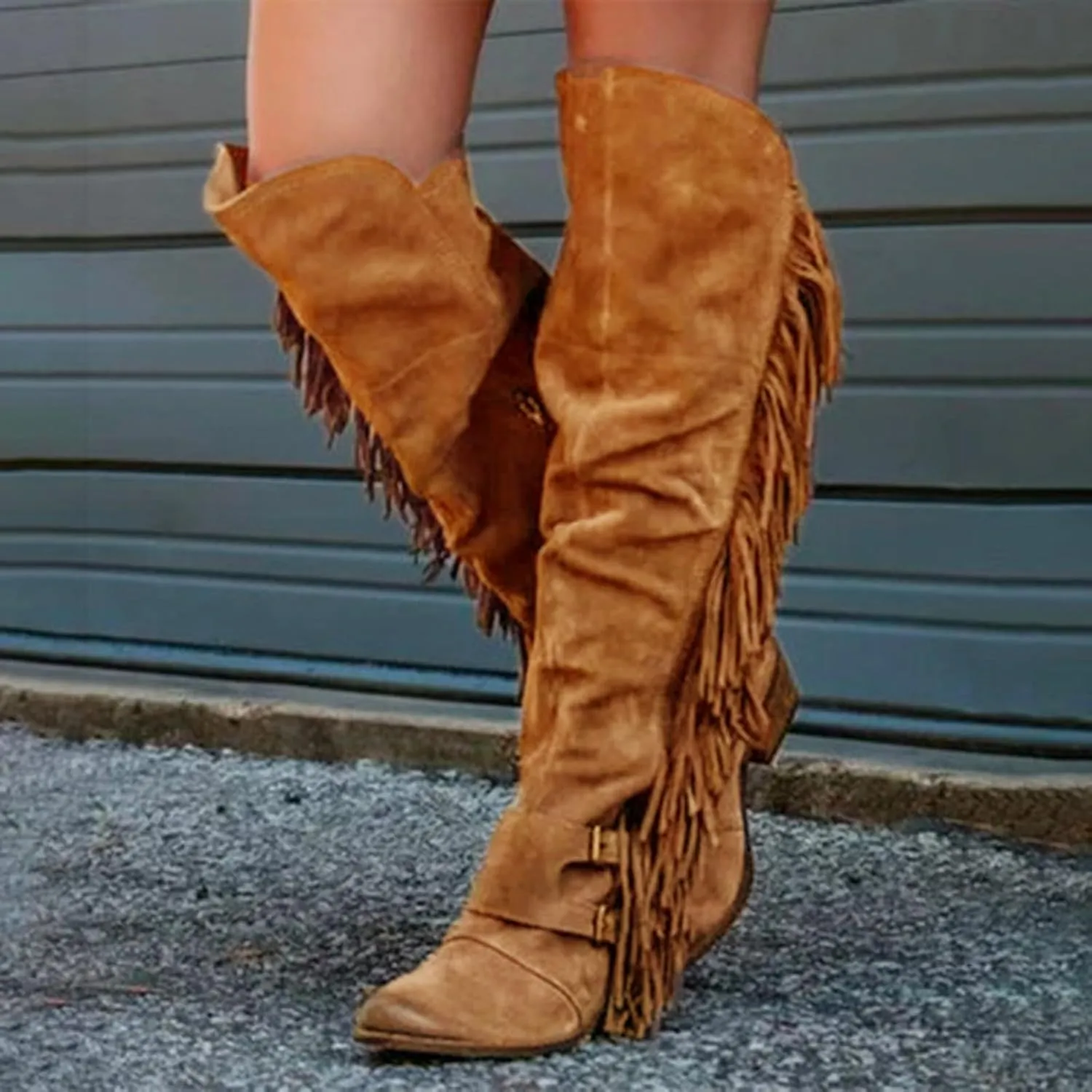 Women's Fashion Dress Fringe Moccasin Boots, Casual Over The Knee Retro Fringe Moccasin Flat Heel Zipper Long Boots Square Heels Shoes