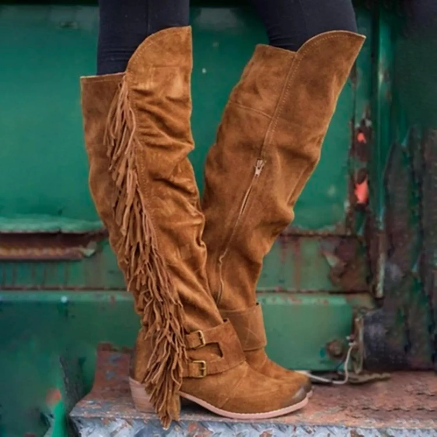 Women's Fashion Dress Fringe Moccasin Boots, Casual Over The Knee Retro Fringe Moccasin Flat Heel Zipper Long Boots Square Heels Shoes