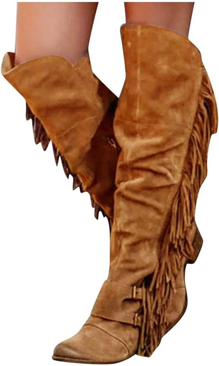 Women's Fashion Dress Fringe Moccasin Boots, Casual Over The Knee Retro Fringe Moccasin Flat Heel Zipper Long Boots Square Heels Shoes