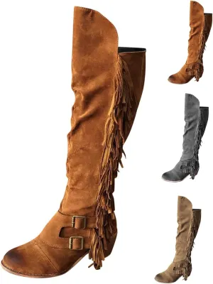 Women's Fashion Dress Fringe Moccasin Boots, Casual Over The Knee Retro Fringe Moccasin Flat Heel Zipper Long Boots Square Heels Shoes