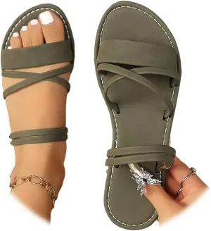 Women's Gladiator Flat Sandals Summer Flip Flops Comfort Round Open Toe Slip On Strap Thong Beach Shoes for Women