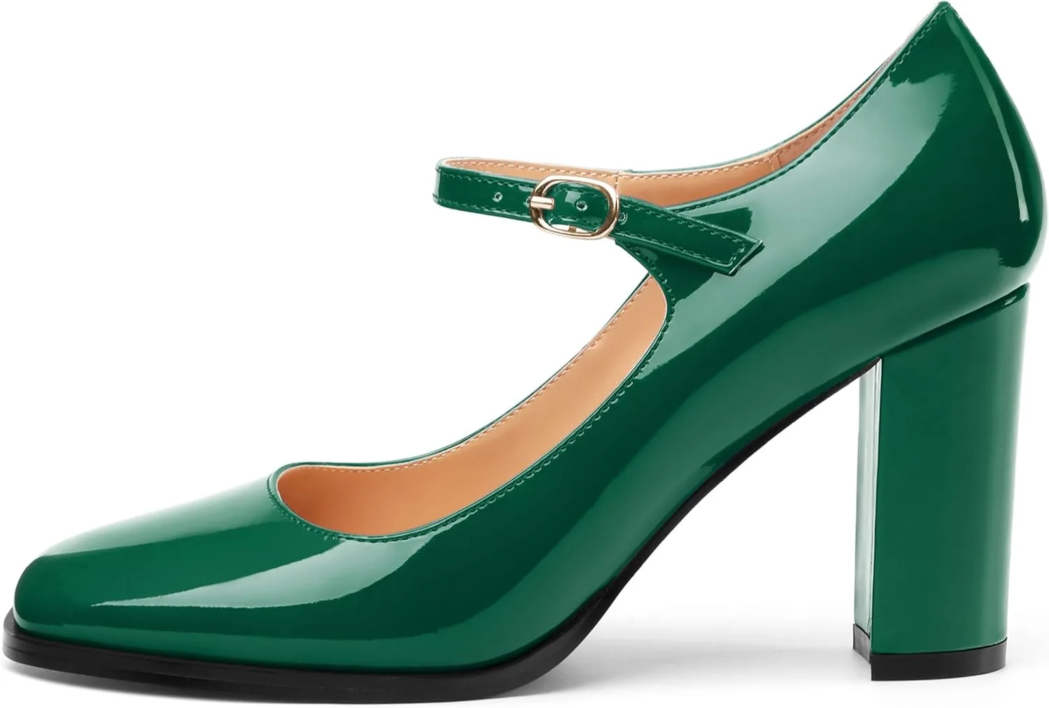 Women's Mary Jane Heels, Chunky Heels Mary Jane Square Toe Pumps One Strap Patent Leather Block High Heels Dress Shoes 3.15 Inch