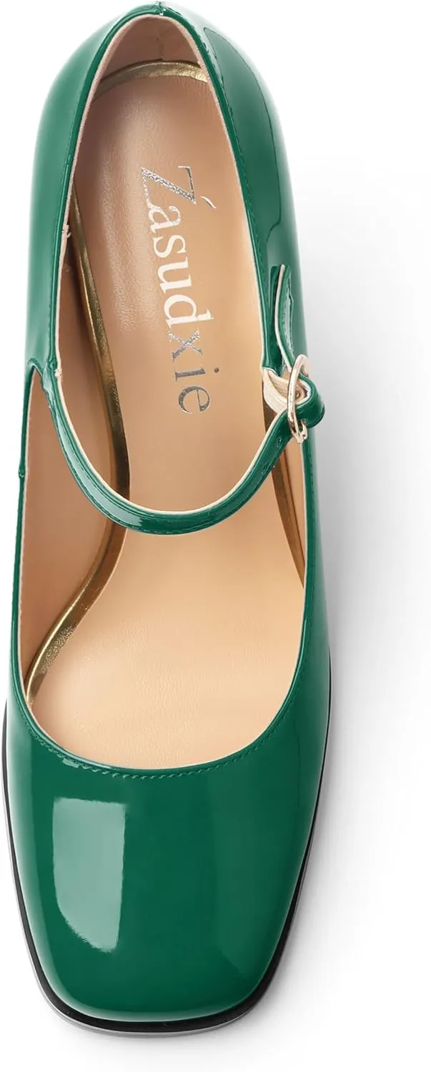 Women's Mary Jane Heels, Chunky Heels Mary Jane Square Toe Pumps One Strap Patent Leather Block High Heels Dress Shoes 3.15 Inch