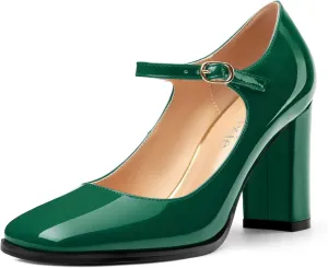 Women's Mary Jane Heels, Chunky Heels Mary Jane Square Toe Pumps One Strap Patent Leather Block High Heels Dress Shoes 3.15 Inch