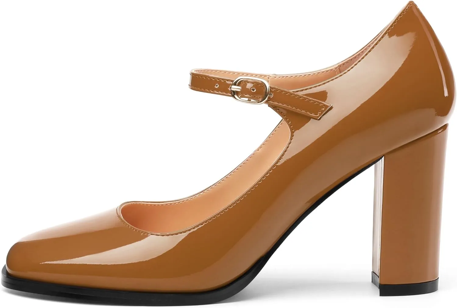 Women's Mary Jane Heels, Chunky Heels Mary Jane Square Toe Pumps One Strap Patent Leather Block High Heels Dress Shoes 3.15 Inch