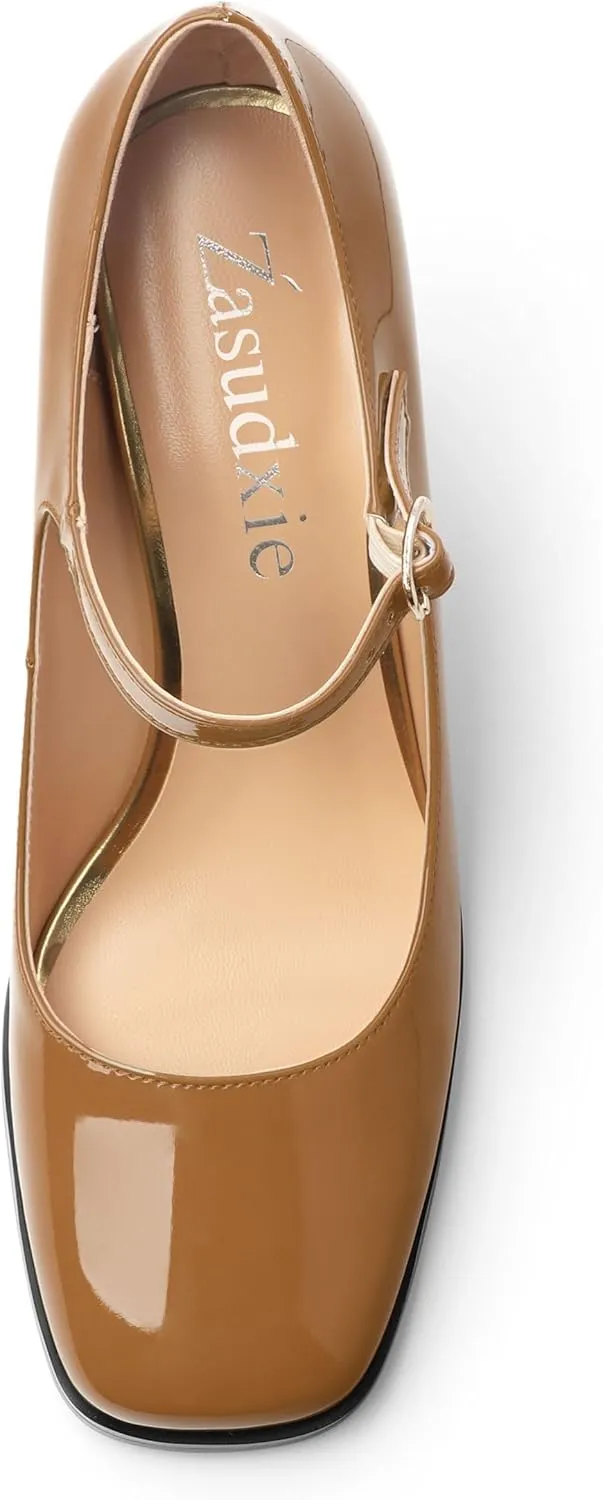 Women's Mary Jane Heels, Chunky Heels Mary Jane Square Toe Pumps One Strap Patent Leather Block High Heels Dress Shoes 3.15 Inch