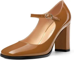 Women's Mary Jane Heels, Chunky Heels Mary Jane Square Toe Pumps One Strap Patent Leather Block High Heels Dress Shoes 3.15 Inch