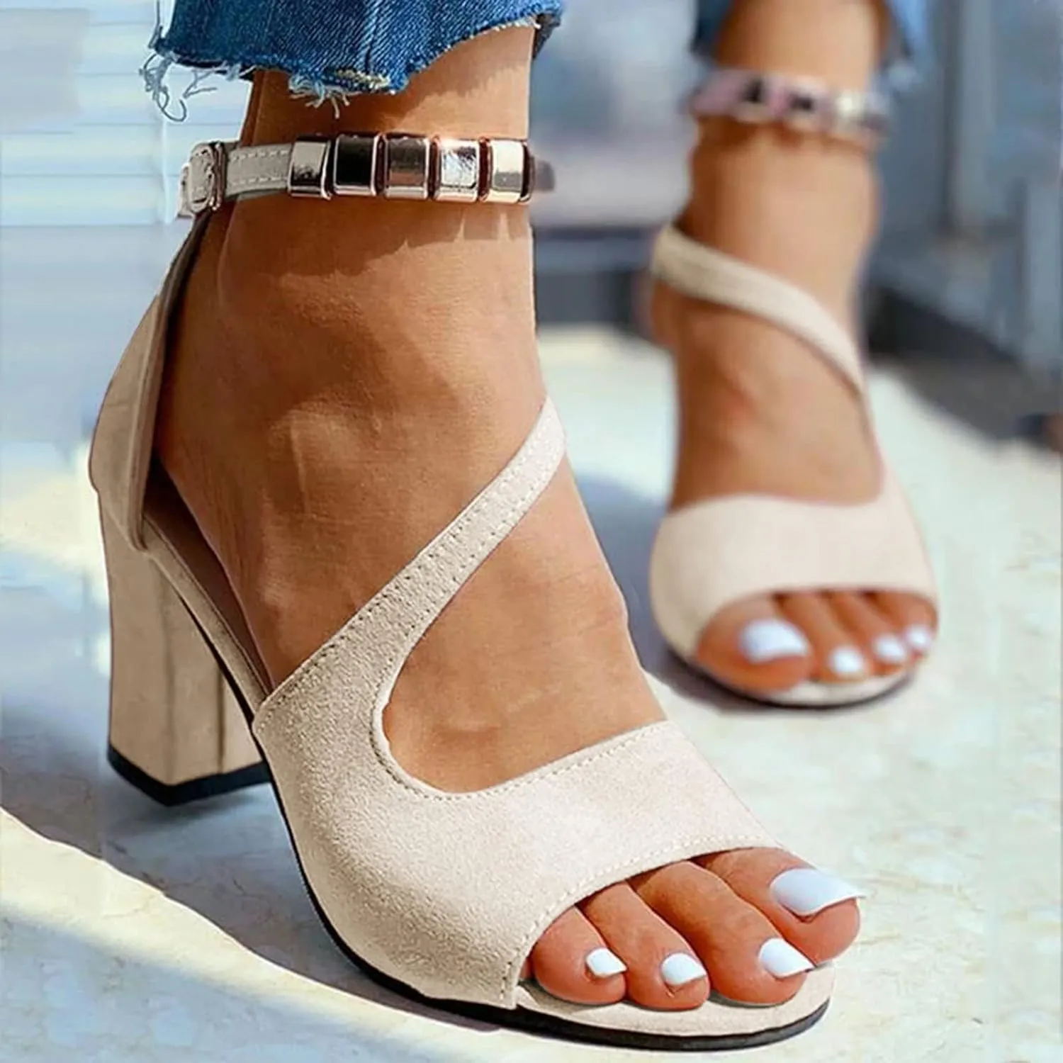 Womens Sandalsopen Toe Dressy Block Heel Sandals Fashion Ankle Strappy Heels Dress Wedding Bridal Shoes
