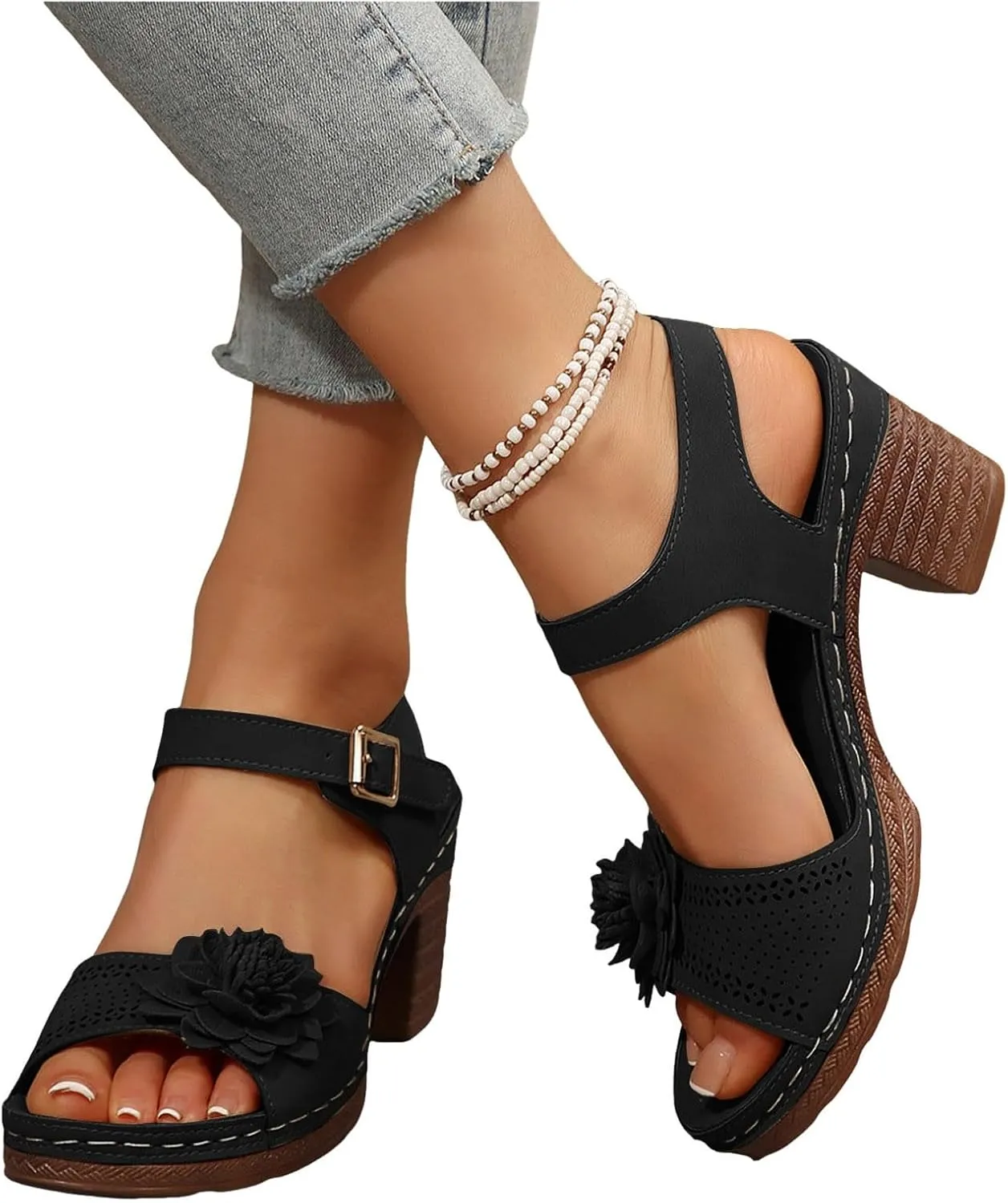 Women'S Slingback Platform Heels Chunky High Heel Sandals Summer Casual Flower Hollow Out Classic Breathable Sandal Beach Ankle Strap Dressy Outdoor Party Working Shoes