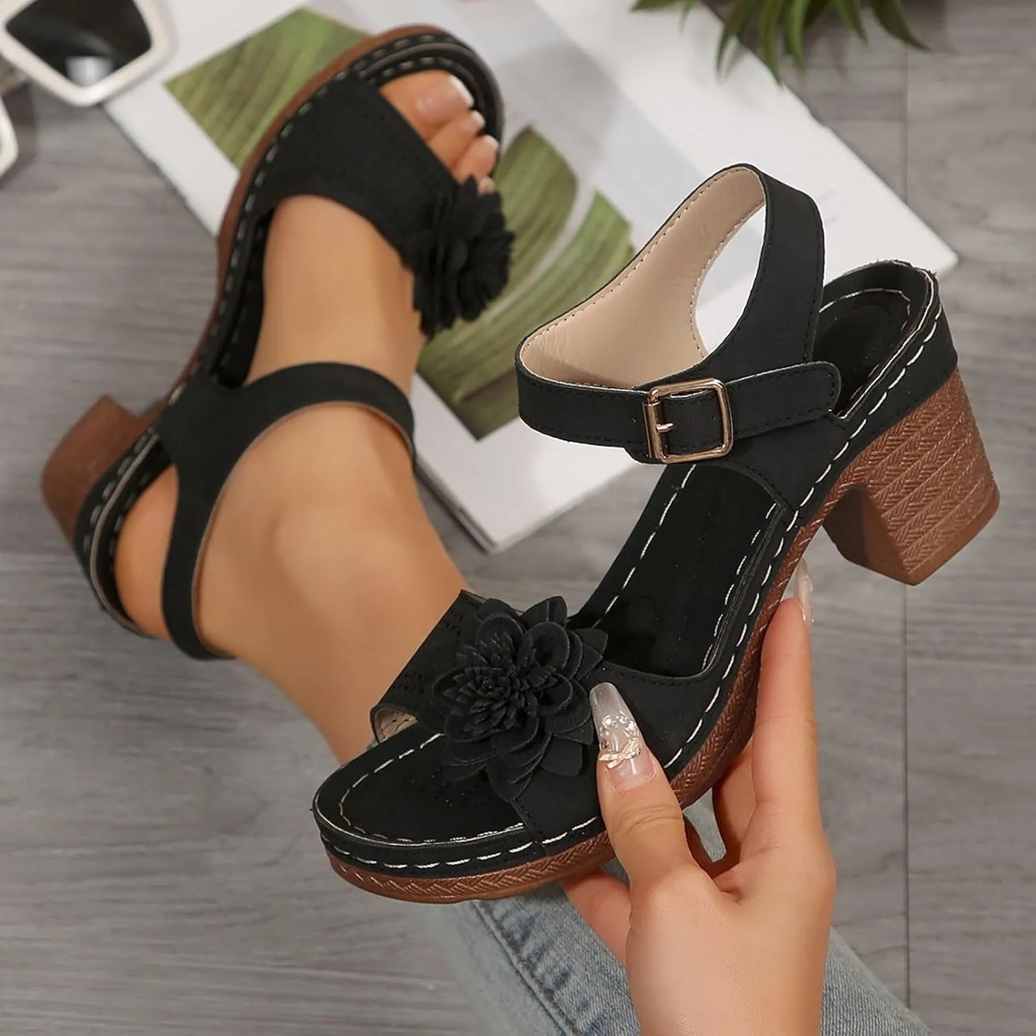 Women'S Slingback Platform Heels Chunky High Heel Sandals Summer Casual Flower Hollow Out Classic Breathable Sandal Beach Ankle Strap Dressy Outdoor Party Working Shoes