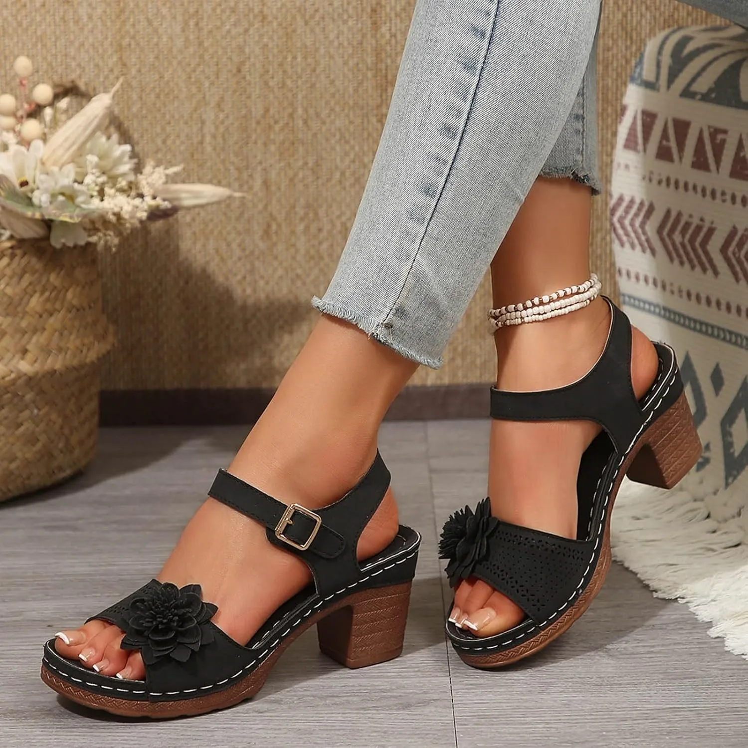 Women'S Slingback Platform Heels Chunky High Heel Sandals Summer Casual Flower Hollow Out Classic Breathable Sandal Beach Ankle Strap Dressy Outdoor Party Working Shoes