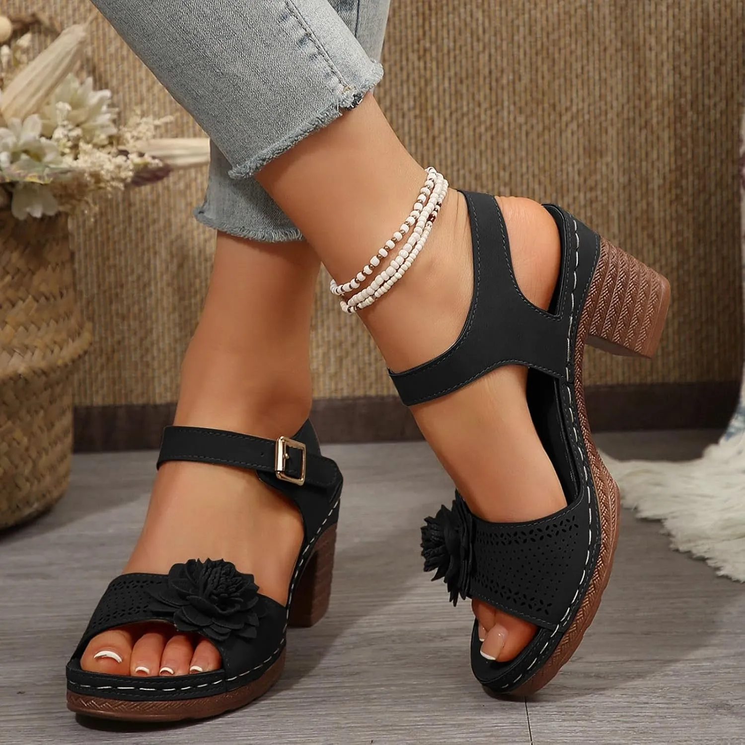 Women'S Slingback Platform Heels Chunky High Heel Sandals Summer Casual Flower Hollow Out Classic Breathable Sandal Beach Ankle Strap Dressy Outdoor Party Working Shoes