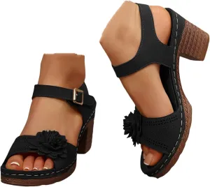 Women'S Slingback Platform Heels Chunky High Heel Sandals Summer Casual Flower Hollow Out Classic Breathable Sandal Beach Ankle Strap Dressy Outdoor Party Working Shoes
