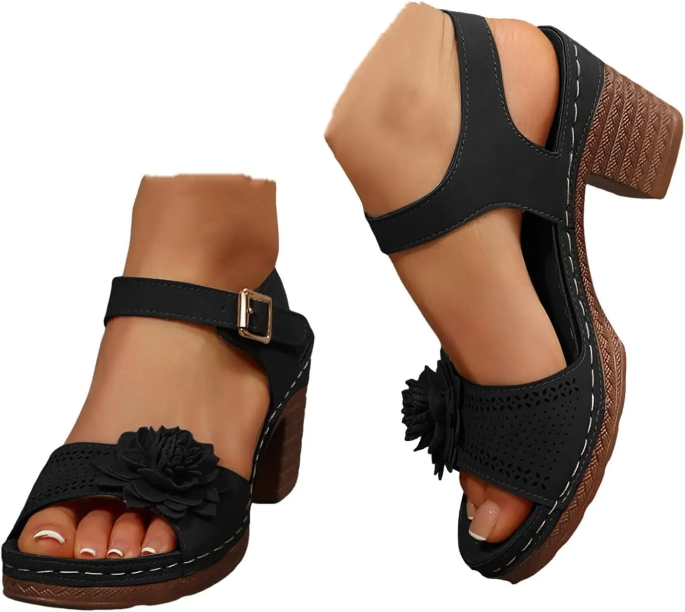 Women'S Slingback Platform Heels Chunky High Heel Sandals Summer Casual Flower Hollow Out Classic Breathable Sandal Beach Ankle Strap Dressy Outdoor Party Working Shoes