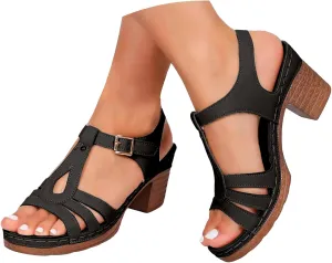 Women's Strappy Chunky Block Heels Sandals 2025 Summer Open Toe Strappy Casual Lightweight Heeled Sandal Fashion Casual Breathable Beach Outdoor Travel Footwear