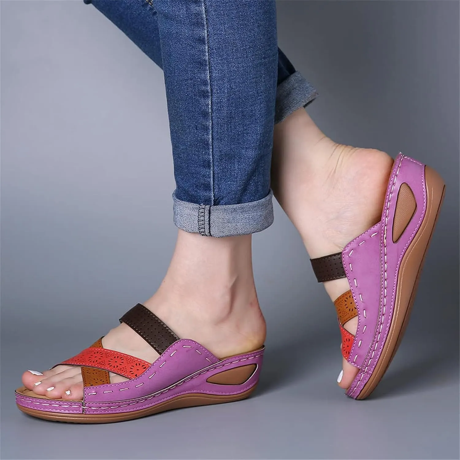 Womens Wide Width Sandals Summer Comfy Platforms Flat Arch Support Orthotic Slides Flip Flops Beach Shoes