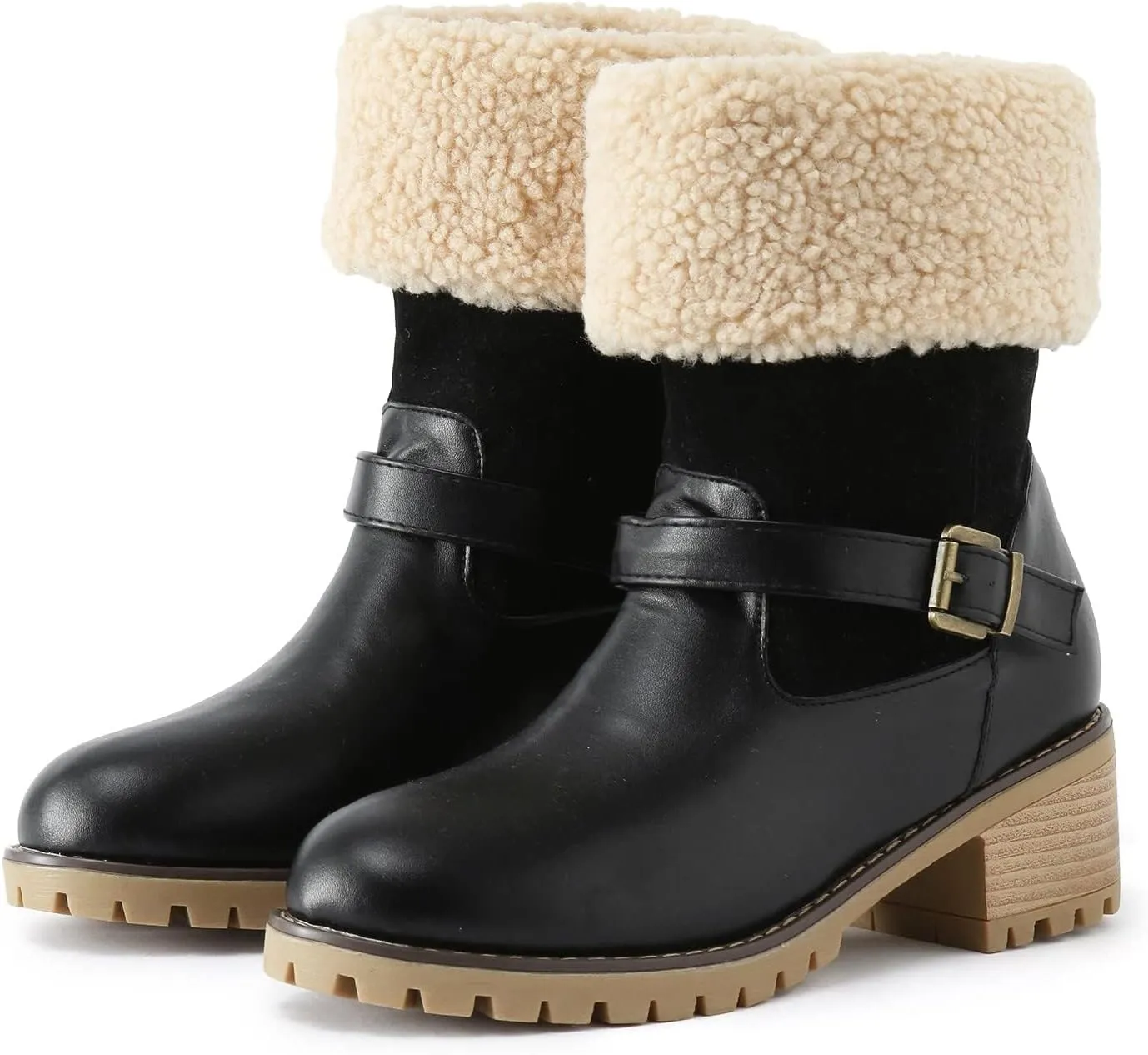 Womens Winter Boots with Fur Lined Snow Fuzzy Ankle Booties Fashion Slip On Warm Shoes Womens Snow Boots Waterproof Insulated High Heel Boot
